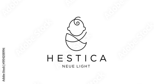 Hestica Neue Light logo with stylized depiction of a baby in a swaddle
