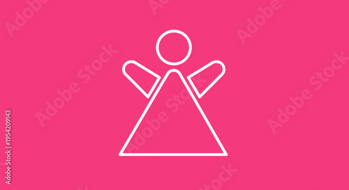 Clean geometric outline icon of an abstract human or angelic figure with open arms, embodying peace, joy, and freedom, presented as a minimalist graphic on a vibrant pink background