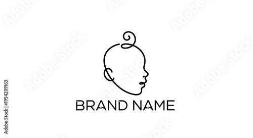 Minimalist logo design featuring a line art illustration of a baby's head with a small curl on top and the placeholder text 'BRAND NAME' below