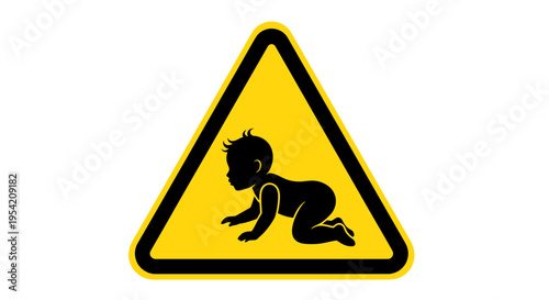 Warning sign with a silhouette of a baby crawling inside a yellow triangle, symbolizing danger or caution related to children