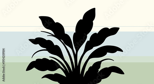 Modern abstract silhouette of a lush leafy plant set against a minimalist striped background, evoking a serene and natural aesthetic with a contemporary graphic design feel