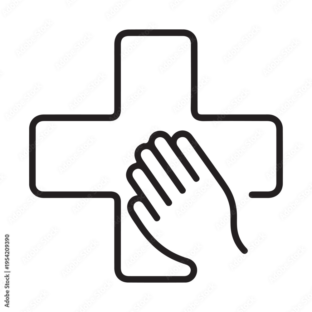 Obraz premium Medical Cross with Helping Hand Icon, Concept of Healthcare Support, First Aid Assistance and Patient Care, Linear Vector Illustration