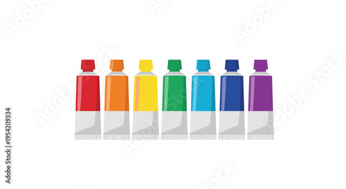 Row of colorful paint tubes in rainbow colors on white background in vibrant studio lighting for art supplies