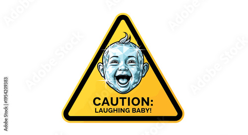 A vivid graphic illustration of a triangular yellow warning sign featuring a joyful, stylized baby's head, humorously advising caution for an infectious laughing infant in a clean, modern design