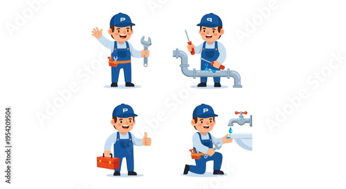 Plumber Character Set Plumbing Service Cartoon Vector Illustrations Isolated on White Background
