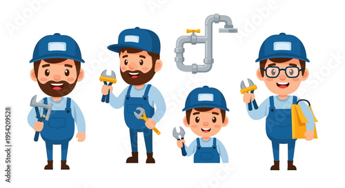 Plumber Character Set Plumbing Service Cartoon Vector Illustrations Isolated on White Background