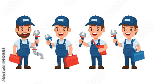 Plumber Character Set Plumbing Service Cartoon Vector Illustrations Isolated on White Background