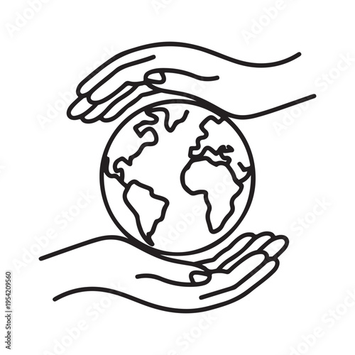 Hands Holding Planet Earth Icon, Concept of Environmental Protection, Global Care and Sustainability, Linear Vector Illustration