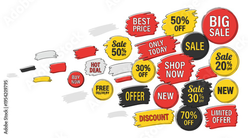 Collection of colorful sale and discount promotional labels with various offers and tags for retail and online shopping marketing