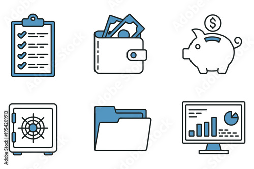 Set of six blue and teal line icons representing financial concepts including clipboard wallet piggy bank safe folder banking money accounting finance vector collection
