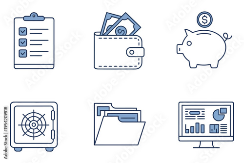 Set of six blue and teal line icons representing financial concepts including clipboard wallet piggy bank safe folder banking money accounting finance vector collection