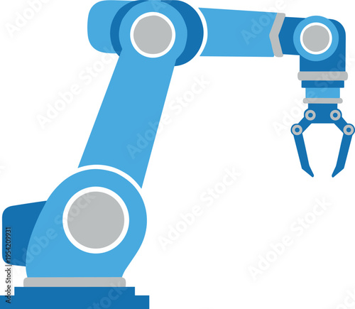 A blue robotic arm with a claw is positioned on a white background