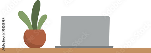 A laptop computer sits next to a potted plant on a shelf