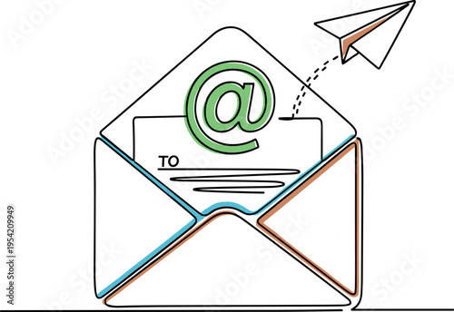 A colorful illustration of an email icon with a paper airplane flying out