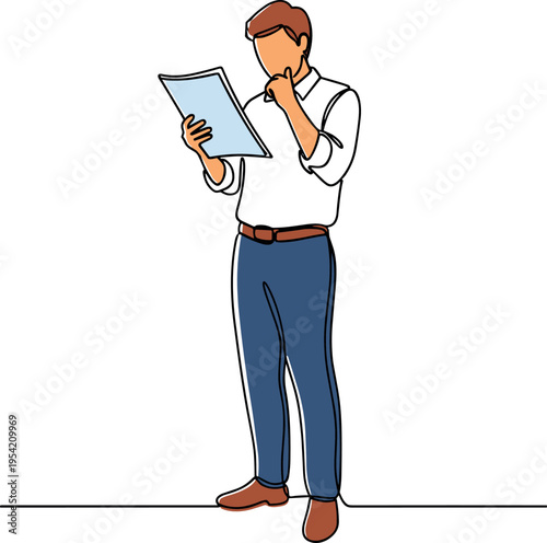 A man in business attire thoughtfully reviews a document in his hand