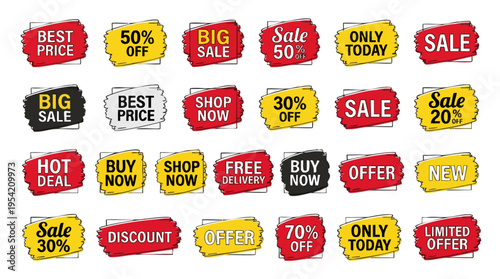 Collection of colorful sale and discount tags for retail promotions and marketing campaigns