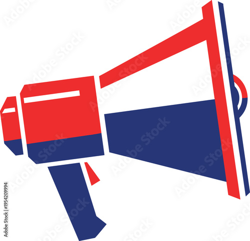 A red and blue graphic illustration of a megaphone on a white background