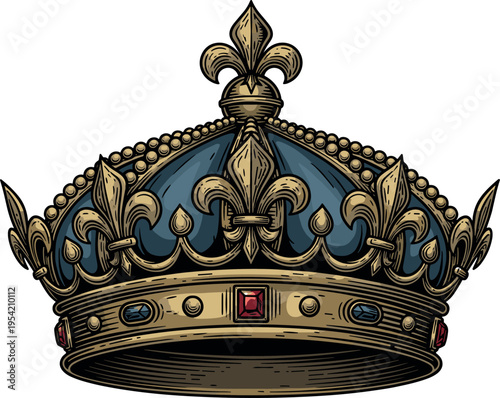 An ornate gold and blue crown with precious stones and fleur de lis