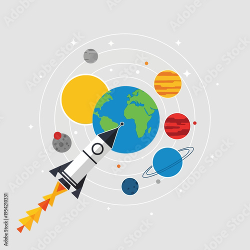 Rocket Ship Exploring Solar System with Planets and Earth