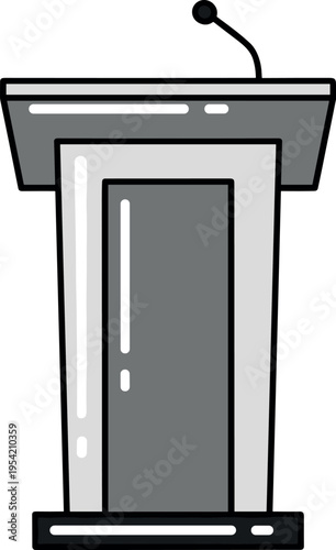 A simple gray and black illustration of a lectern with a microphone