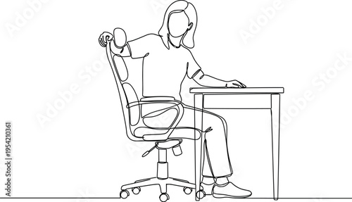 A woman stretches while sitting at a desk in an office chair