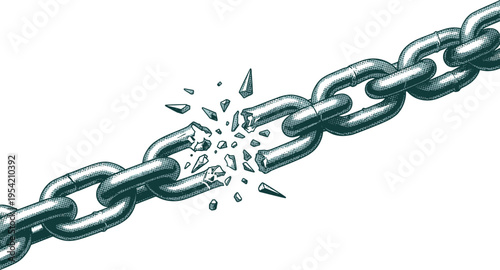 A broken metal chain with shattered links on a clean white background