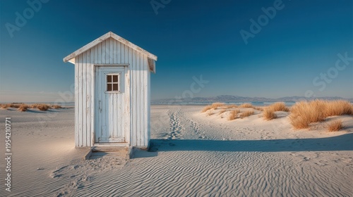 A small white wooden hut stands alone in a vast desert landscape with sand and dry grass