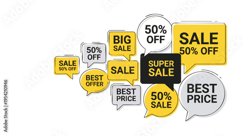 Collection of colorful speech bubbles displaying sale discounts and promotional messages for shopping or marketing concepts