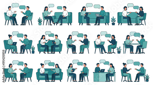 Business people talking in office meetings set | Flat vector illustrations of diverse colleagues having professional discussions | Graphic icons