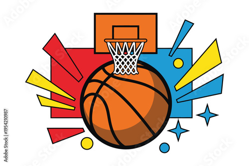 Vibrant vector illustration of orange basketball in front of hoop and net surrounded by colorful abstract shapes dynamic sports concept energy motion design