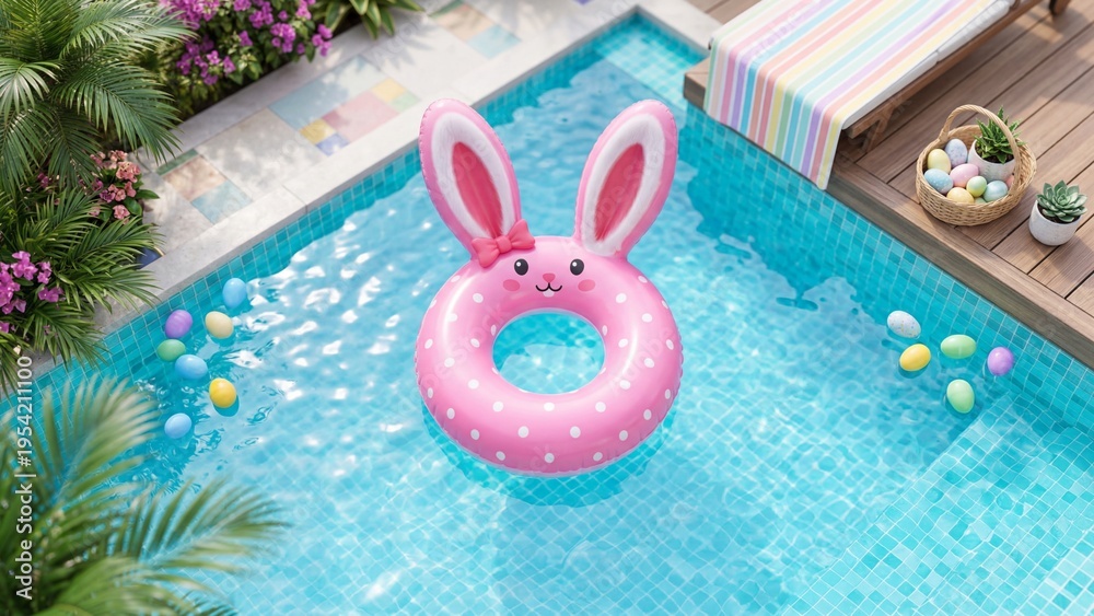 Naklejka premium Pink inflatable bunny float in turquoise swimming pool surrounded by colorful Easter eggs. Spring holiday celebration and aquatic summer fun concept. Seasonal outdoor poolside relaxation with