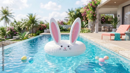 Inflatable rabbit float drifting in turquoise swimming pool with colorful easter eggs. Tropical outdoor poolside scene evoking spring holiday fun and summer vacation relaxation at resort villa. Sunny