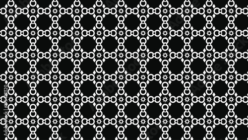 Seamless black and white geometric pattern vector background with repeating interconnected circles and octagons, creating a modern abstract decorative texture for digital design, web