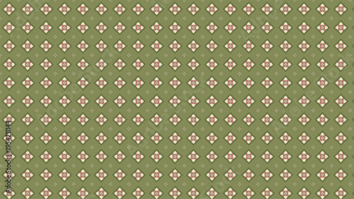 Seamless vector pattern with small, repeating geometric floral motifs in light pink and white, set against a muted olive green background, ideal for fabric, wallpaper, digital paper