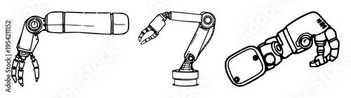 Robot arm set with sleek metallic industrial icon featuring robotics, machinery, automation with steel and gears and precision engineering