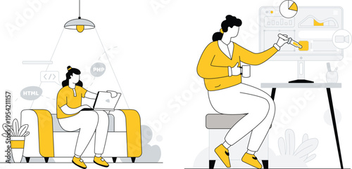 Two professionals collaborating on web development projects in a modern workspace