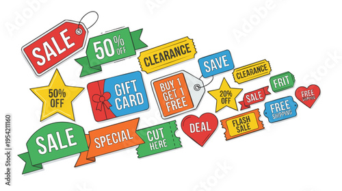 Collection of colorful sale tags and discount labels for marketing, shopping, and promotional campaigns