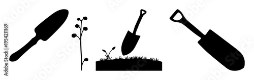 Garden trowel set with a single silhouette against plain background featuring gardening tool, earth, plant roots with black line art and vector illustration