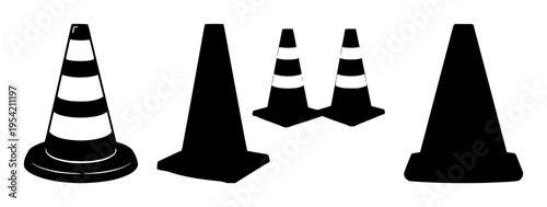 Traffic cone silhouette set with single bold outline drawing featuring traffic cone, safety, warning with road and construction