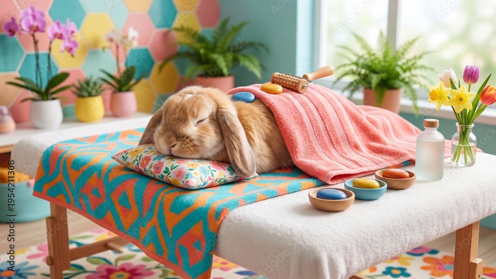 Fototapeta premium Cute orange rabbit receiving spa massage on colorful table. Relaxed bunny wrapped in towel with hot stones and roller. Animal wellness and pampering concept for relaxation themes