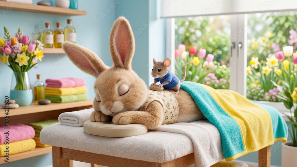 Obraz premium Rabbit relaxing on massage table as mouse gives back rub in sunny spa room. Cozy animal wellness scene with tulips flowers shelves and garden view. Relaxation therapy concept for spring holidays