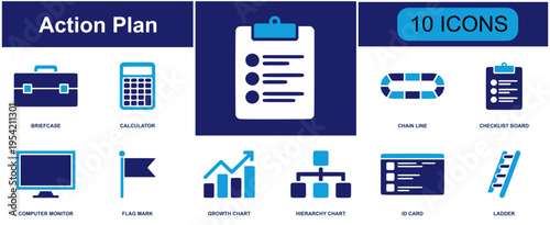 Strategic planning icon set. Containing briefcase, calculator, checklist, chart, roadmap, target, launch, ladder, shield, team, alert, monitor and more. Solid fill vector icons collection.