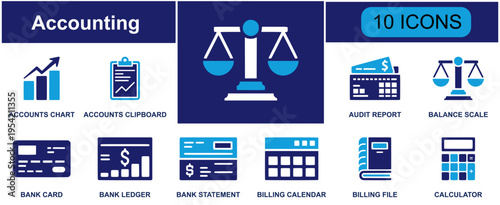 Financial management icon set. Containing audit report, bank card, calculator, calendar, cash register, ledger, statement, receipt, tax document, chart and more. Solid vector icons collection.