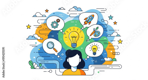 Woman with Ideas - Brainstorming and Creative Thinking Illustration.