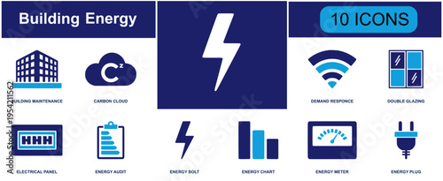 Building power and energy icon set. Containing solar panel, HVAC, energy meter, utility bill, motion sensor, battery, thermostat, green certificate and more. Solid vector icons for building designs.