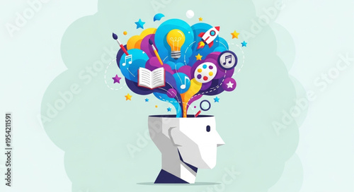 Creative Mind - Head Bursting with Ideas and Colorful Imagination.