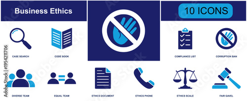 Business ethics icon set. Containing compliance list, justice scale, secure lock, handshake, privacy shield, code book, legal stamp, diverse team and more. Solid vector icons collection.