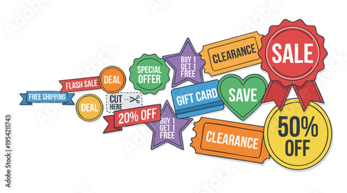 Colorful collection of shopping sale tags with discounts and special offers for retail and e-commerce promotional marketing