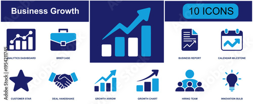 Business development icon set. Containing analytics, briefcase, report, milestone, handshake, chart, team, idea, market, profit, SEO, launch and more. Solid fill vector icons collection.