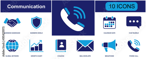 Digital communication icon set. Containing handshake, shield, calendar, chat, globe, mail, phone, presentation, satellite, lock, microphone, wifi and more. Solid fill vector icons collection.